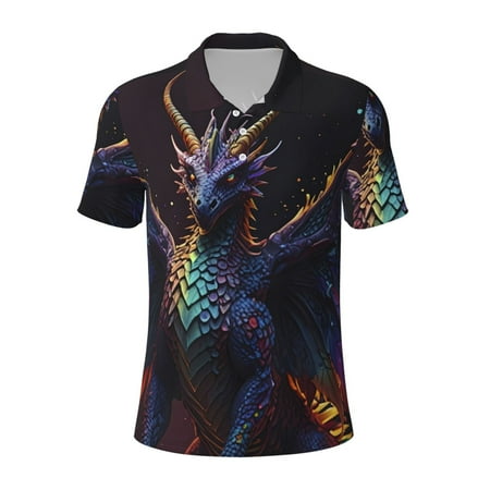 Salouo Rainbow Wings Majestic Dragon for Men s Short Sleeve Polo Shirts Polo Shirts for Men Performance Short Sleeve Golf Shirt Athletic Casual Collared T-Shirt-X-Large