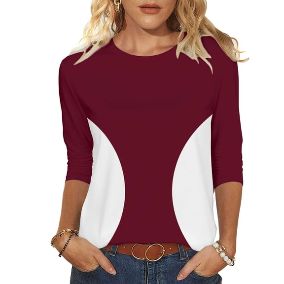 Enjoytime 3/4 Length Sleeve Womens Tops Patchwork Round Neck Dressy Blouses Spring Trendy Business Casual Shirts