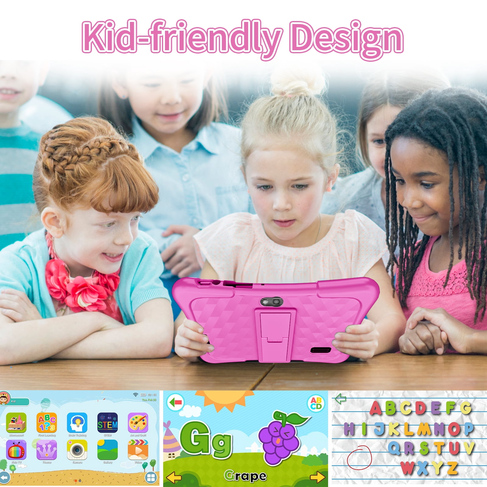 EDDBNi 7" Kids Tablet，6GB RAM 32GB ROM Android Tablet Computer for Children，parental controls，Eye Protection Toddler Tablet for Ages 4-12（Pink）