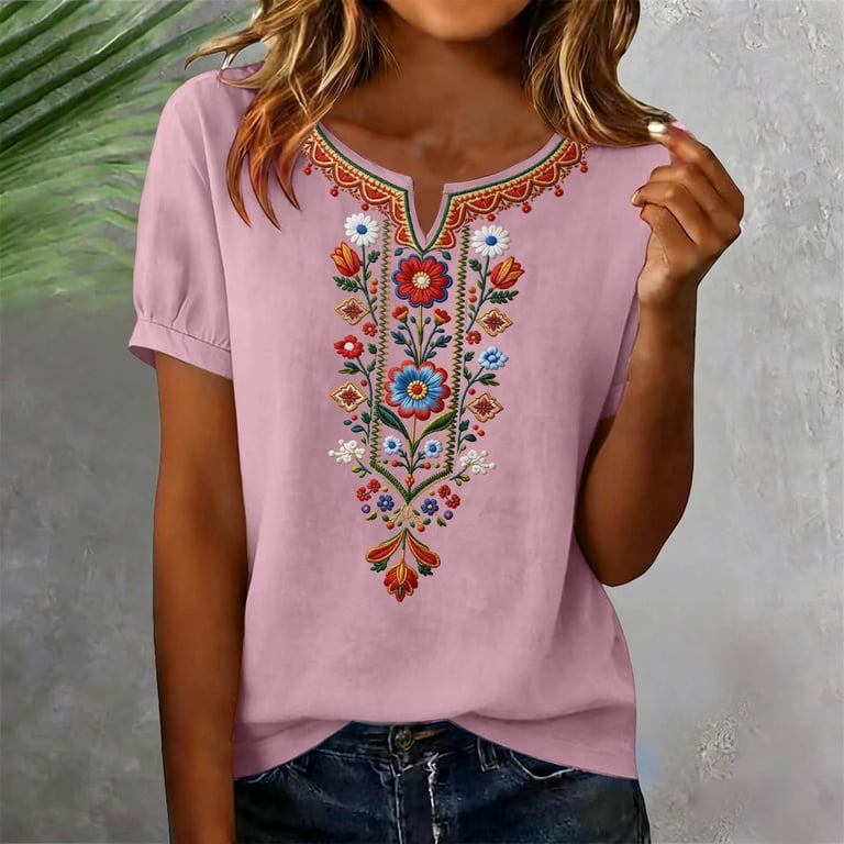 Vivianyo HD Women's Floral Embroidered Short Sleeve Top, V-Neck
