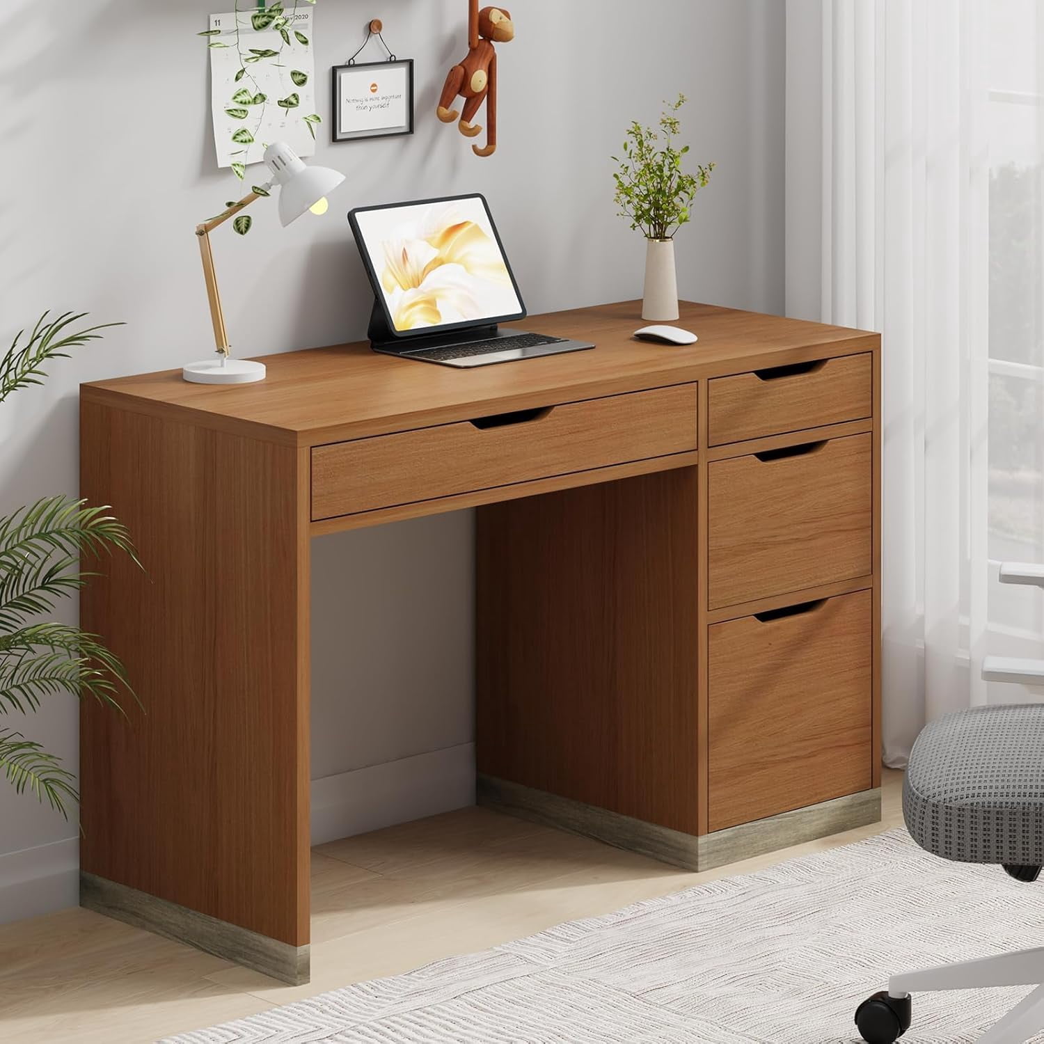 DreamCurship 48 inch Computer Desk with 4 File Drawers, Study Desk with Filing Cabinet and Storage, Home Office Desk for Work and Study, Writing Desk for Small Space, Brown