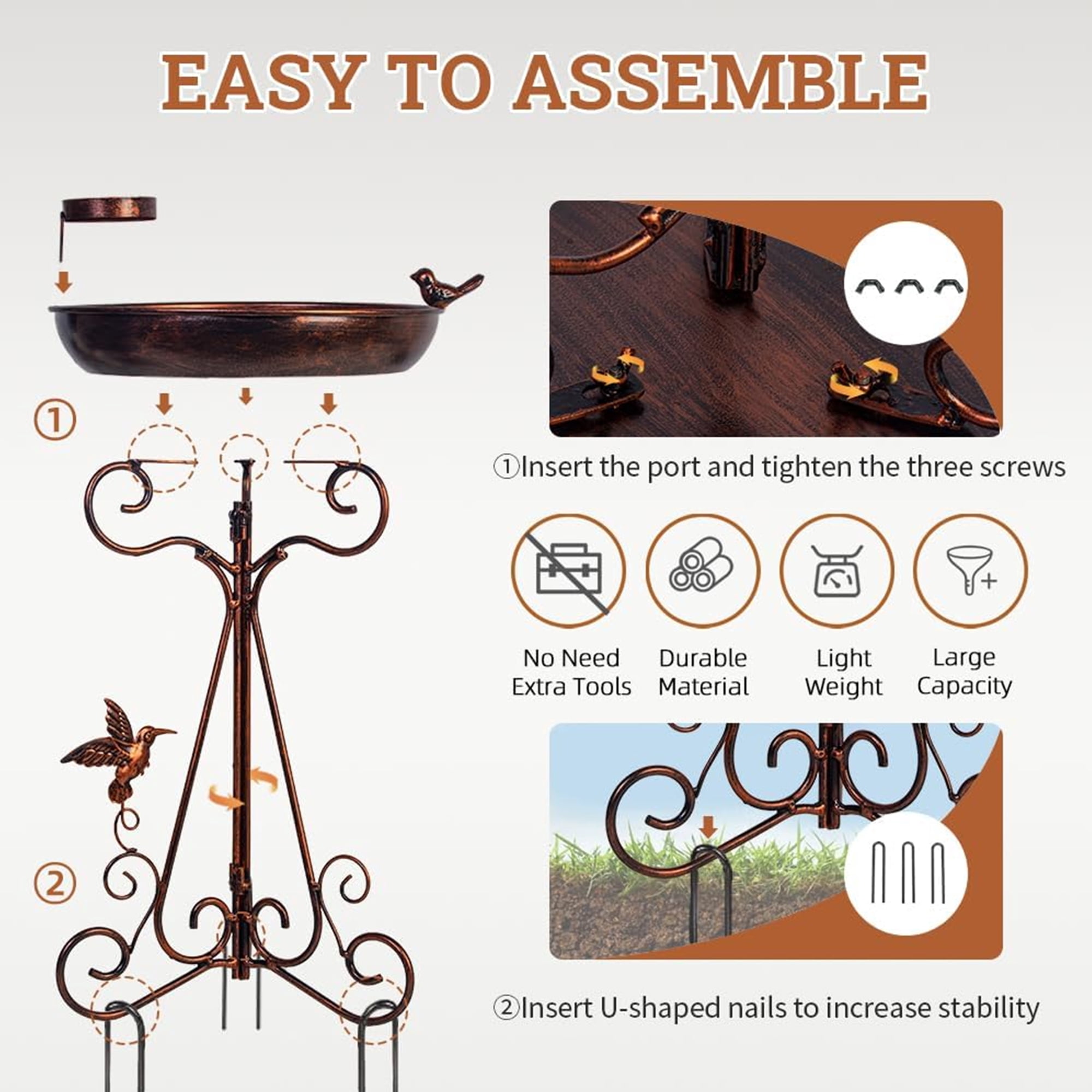 Bird Bath with Metal Pedestal, Dia Antique Copper Outdoor Birdbath with Bird Feeder for Garden Outside Patio Yard Decor