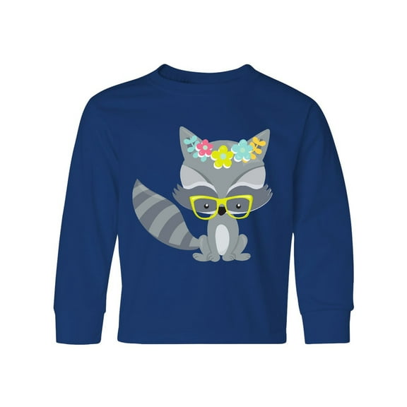Inktastic Hipster Raccoon, Raccoon With Glasses, Flowers Long Sleeve Youth T-Shirt