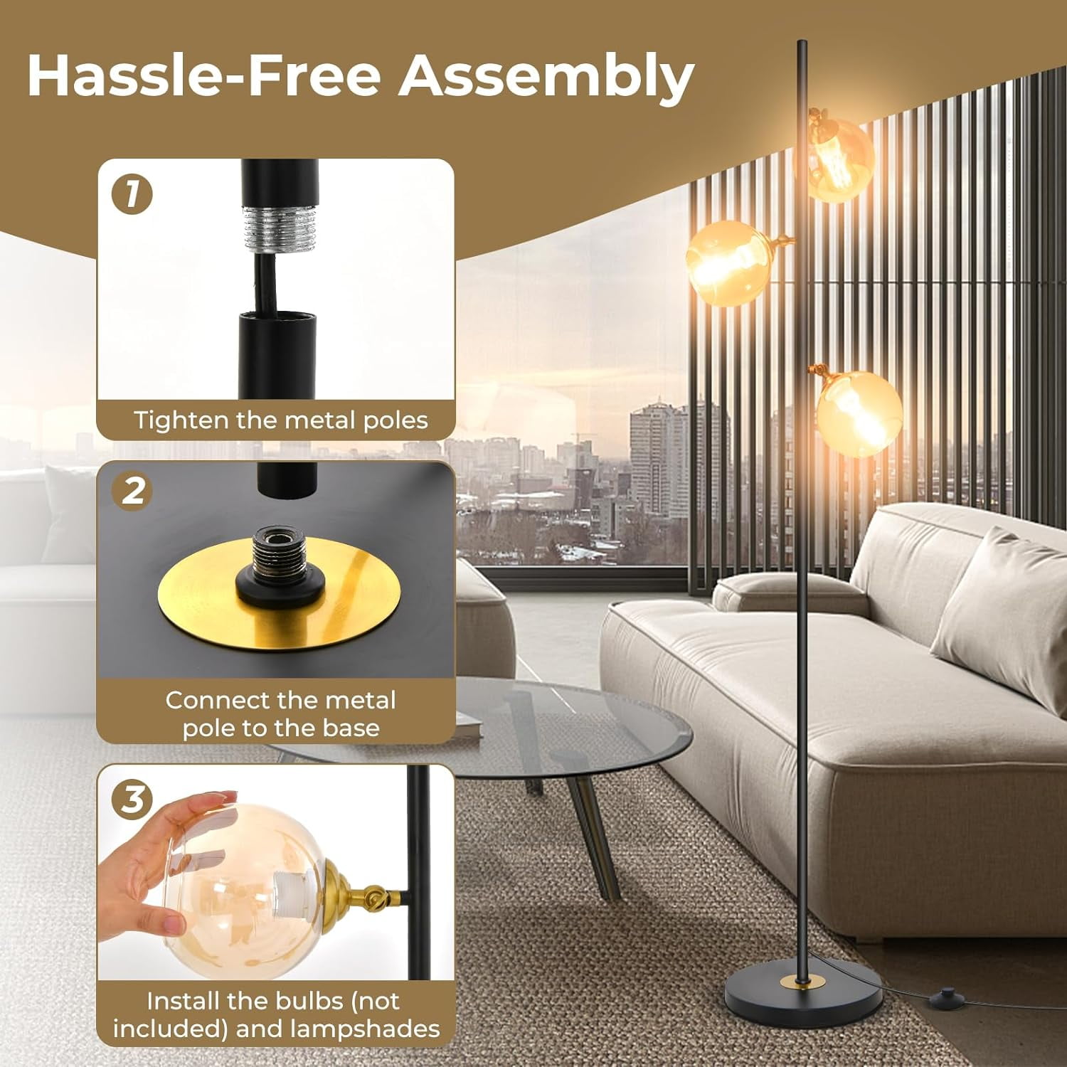 Neatifyes Mid Century Floor Lamp, Modern Freestanding Lamp with 3 Glass Globe Lampshades, Weighted Base, Convenient Foot Switch, Standing Tree Lamp for Bedroom Living Room, E26 Bulb Base (Art Deco)