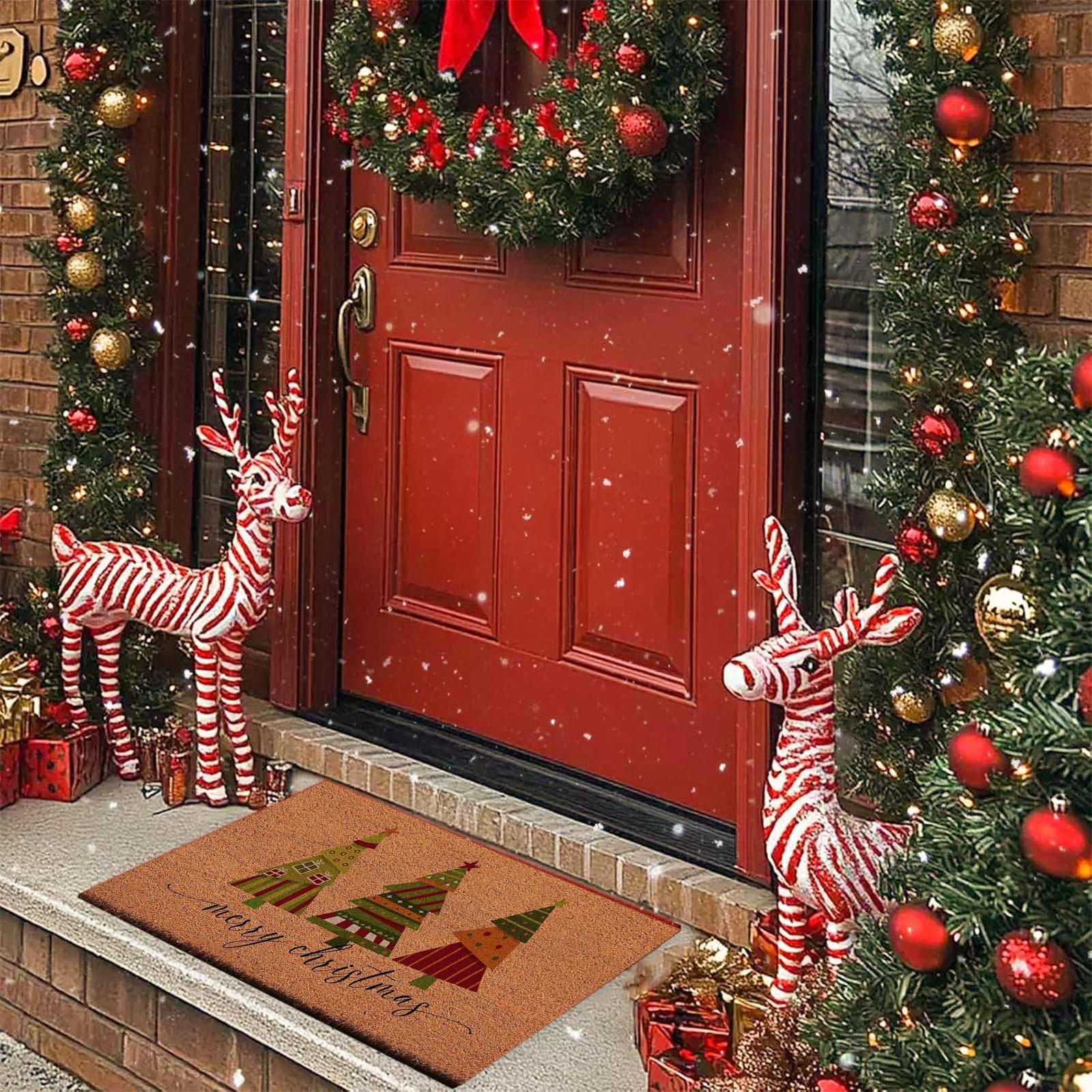 Christmas Welcome Natural Coir Door Mat, Forest Christmas Tree Front Door Outdoor Doormat Outside Entrance Porch Non Slip Rubber Rug Winter Xmas Farmhouse Decor 24*35in M-B