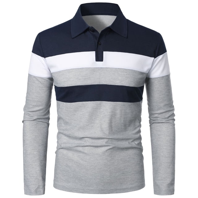 SOMOWI Graphic Tees for Men Patchwork Splicing Button Turn Down Long Sleeve Grey Fall Top 3XL