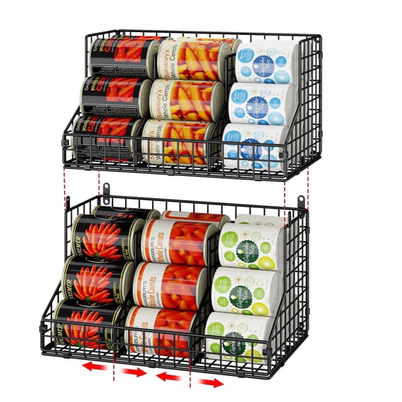 Baxikayon 2-Pack Stackable Can Rack Organizer, Metal Wire Soda Can Storage with 4 Adjustable Dividers for Kitchen and Pantry, Black