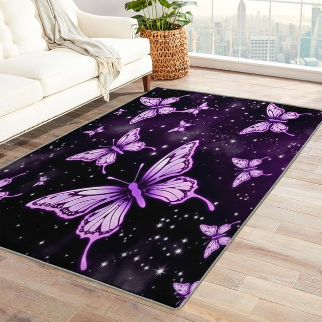 Purple Butterfly Rug & Home Decor - Galaxy Rugs for Entryway, Front Door Mat Indoor Entrance, Washable Rugs, 2x3 Rug, Non Slip Soft Low Pile Small Area Rug, Girls Carpet & Room Decorations Y-&173