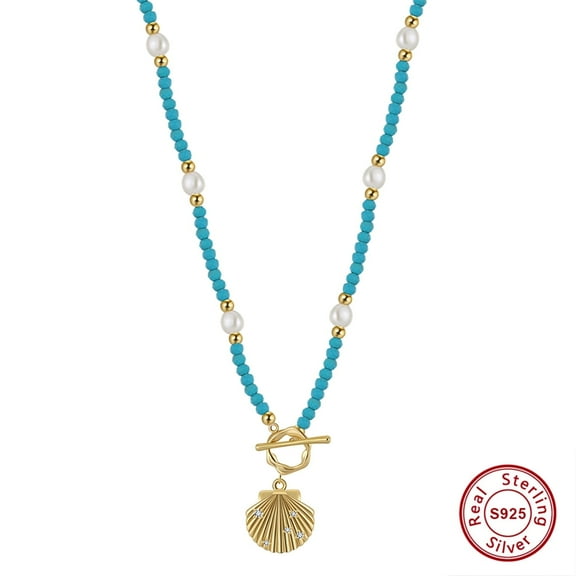 AQYYI Jewelry 14K Gold Plated Shell Pendant Turquoise and Pearl Necklace 925, Sterling Silver, Bohemian style