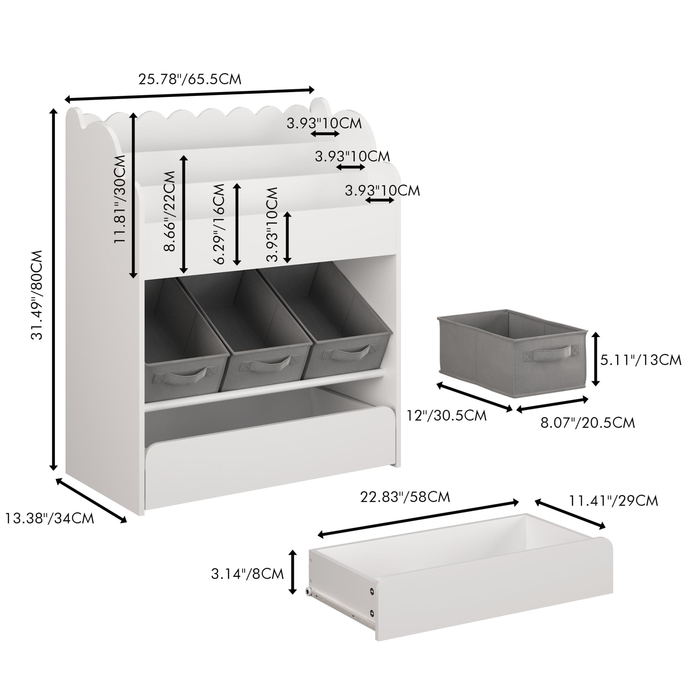 Noble House Kids Bookshelf with Storage Bins and Drawer, Multi-Functional Bookcase for Toys, Books and Nursery, White