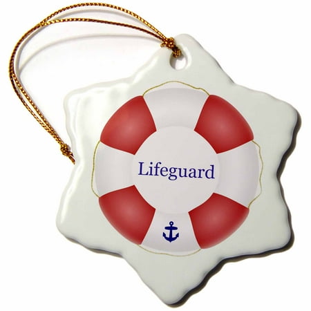 Swimming Pool Ornaments 3dRose Lifeguard lifesaver Swimming pool life saver preserver - sea beach life guard red and white float, Snowflake Ornament, Porcelain, 3-inch ()