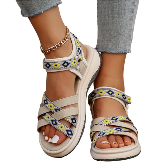 EKVAHL Women's Orthopedic Walking Sandals, Colorful Woven Ankle Strap Trainers, Arch Support Wide Width Thick Platform Beach Hiking Athletic Sandals Beige