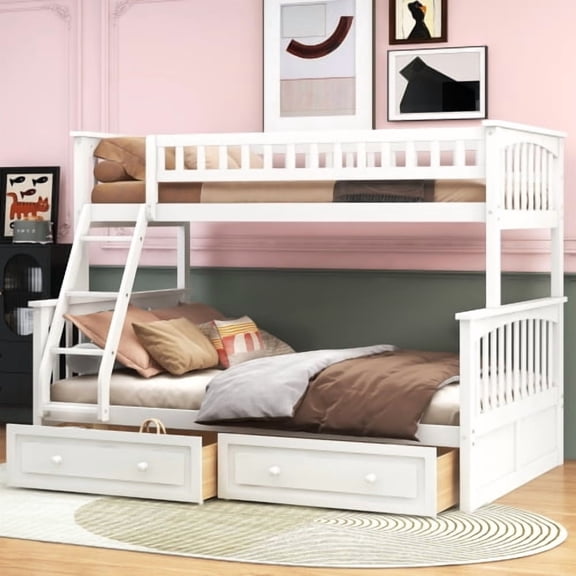 Twin over Full Bunk Bed with Drawers, Convertible Staircase Design, Storage Platform Bed for Space Saving, White