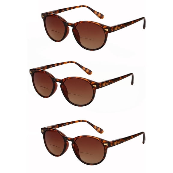 3 Pair of "The Brilliance" Bifocal Sunglasses - Round, Full Frame Reading Sunglasses - Tortoise/Tortoise - 2.00