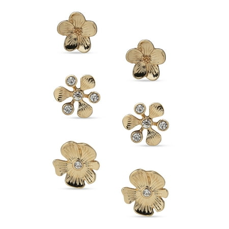 Gloria Vanderbilt Gold Tone and Clear Stone Flower Stud Earrings, Set of 3