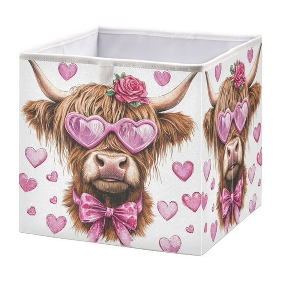 WOBOGO Cow with Love Pattern Storage Basket Foldable Easy to Clean Durable with Hollow Support Plate with Handle 11.02×11.02×11.02 in