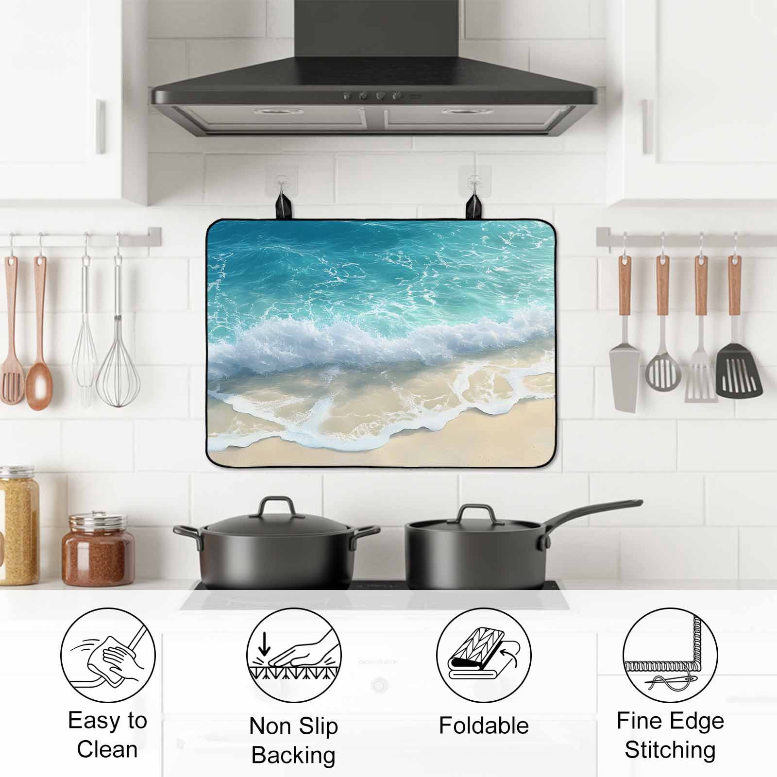 Aqua Blue Beach Stove Top Cover for Electric Stove, Heat-proof & Non Slip Glass Top Stove Cover Protector, Coastal Seawaves Sand Shore Scenery Kitchen Flat Cooktop Rubber Mat 24x21 Inches