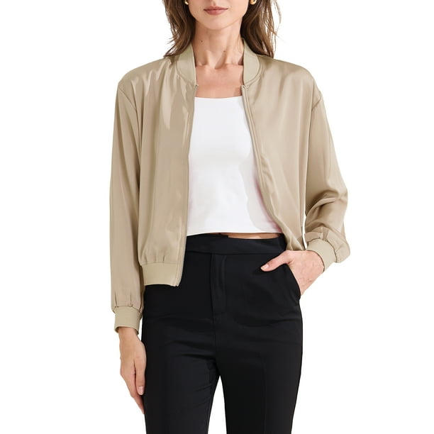 CHAQUETA CASUAL REFINADA para Mujeres, Abrigo con Cierre, Manga Larga, Prenda Exterior Ligera, Talla XS, Champagne
