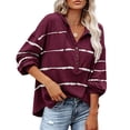 thumbnail image 3 of Blusa manga larga V cuello raya patrón botón cordón con capucha Casual Tops para Mujer, 3 of 6