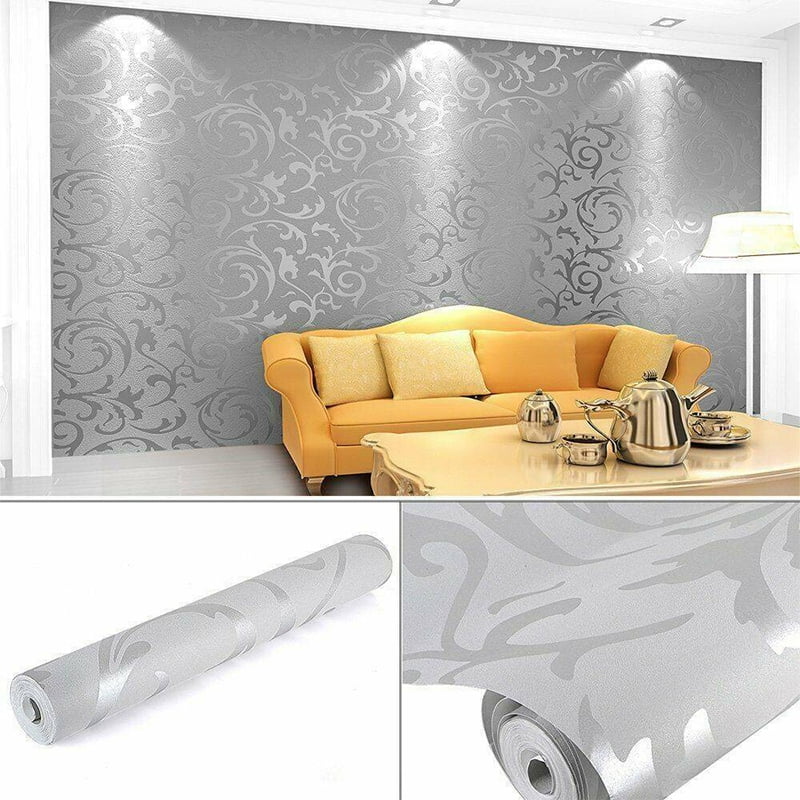 3D Home Decor Metallic Textured Damask Embossed Wallpaper Soft Silver Glitter 