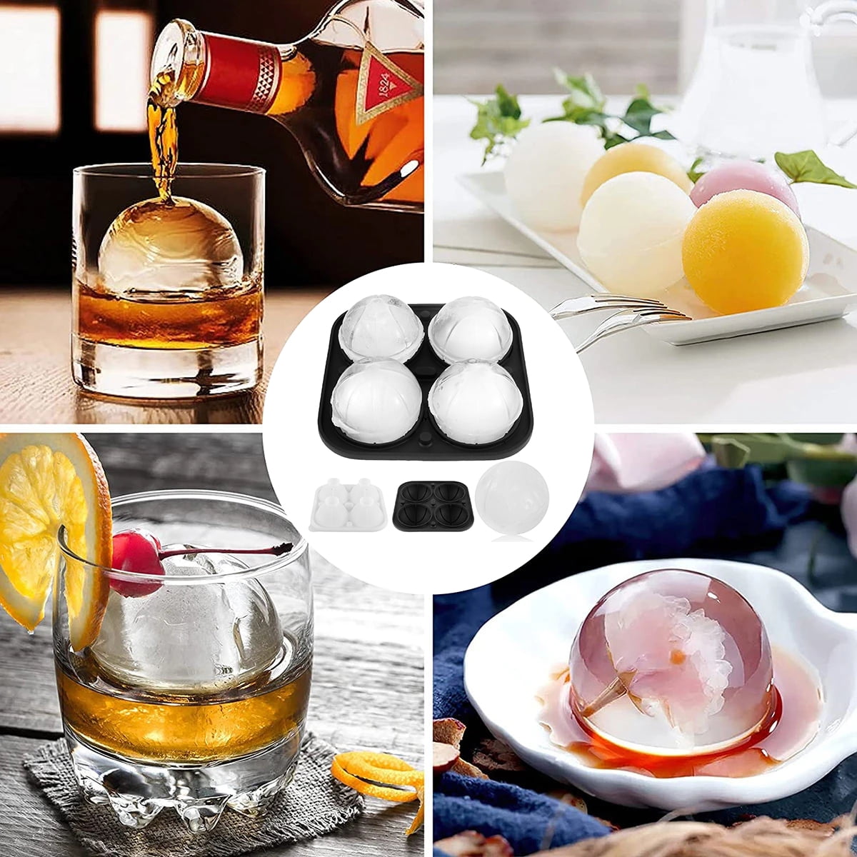 Cocktail Whiskey Ice Ball Maker Ice Cube Tray 4 Large Silicone Ice Molds  Maker Kitchen Bar Accessories