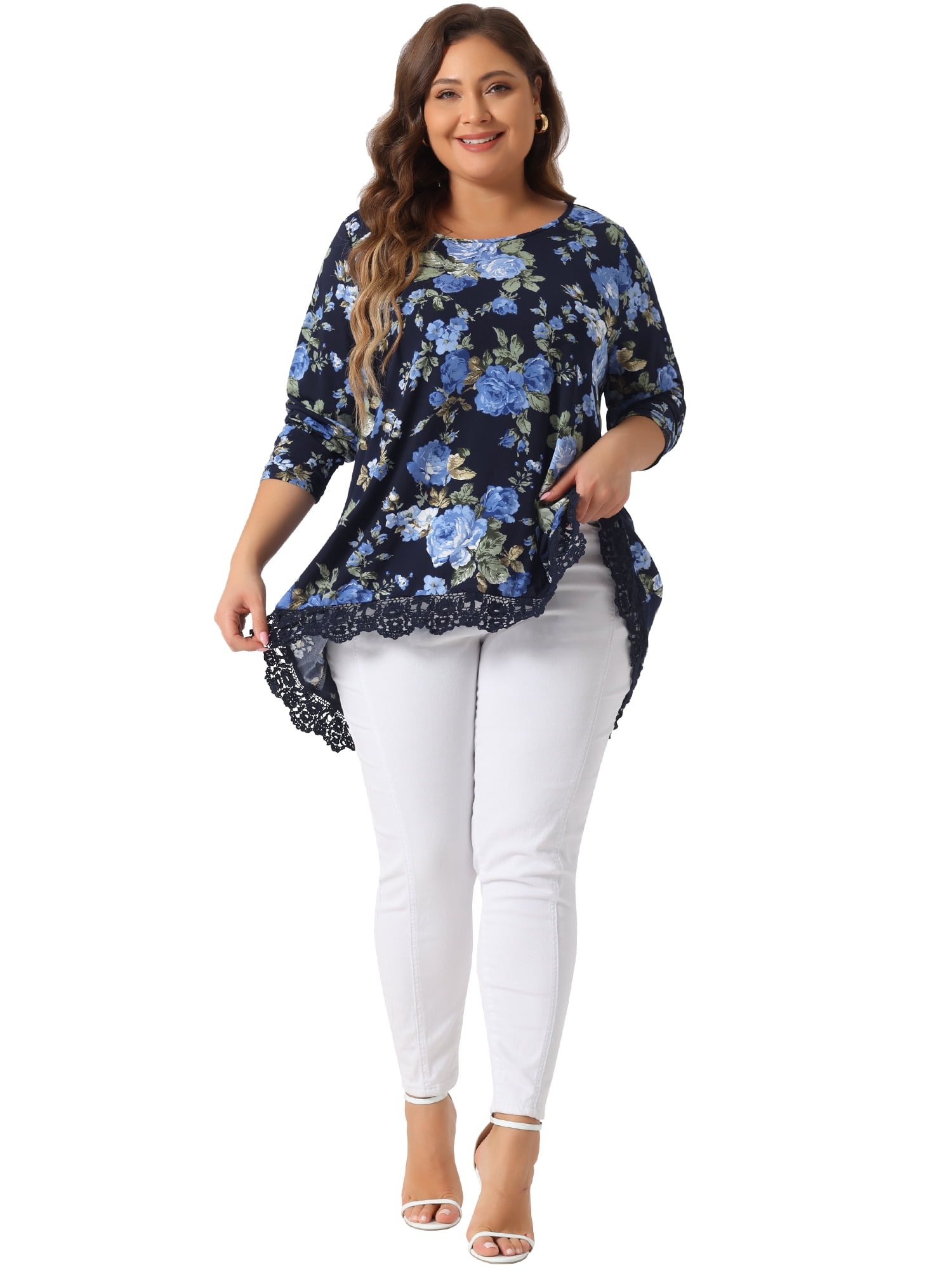DARING DIVA Women's Plus Size Crew Neck Lace Trim A-Line Floral Blouse 3X Navy Blue