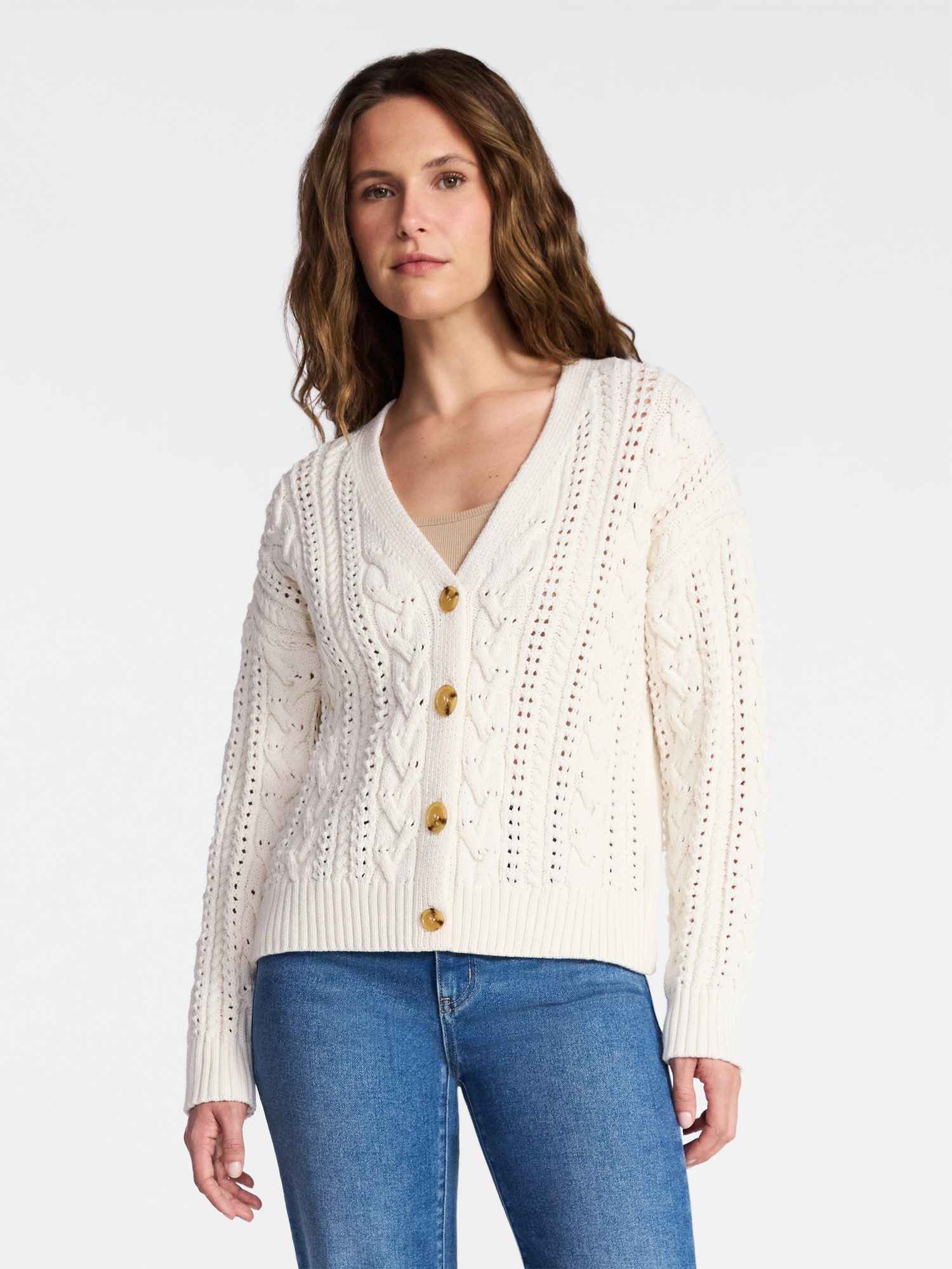 Time and Tru Women's Cable Knit Cardigan Sweater with Long Sleeves, Lightweight, Sizes XS-XXXL