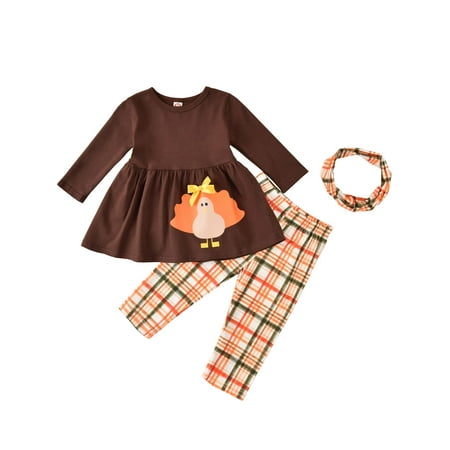 

DuAnyozu Baby Girls Thanksgiving Outfit Set Cartoon Turkey Print Top Plaid Pants Set