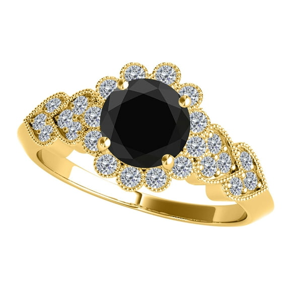 Mauli Jewels Engagement Rings for Women 1.15 Carat Black Diamond Halo Engagement Ring prong 14K Solid Yellow Gold