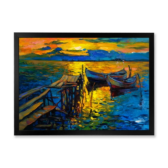 Boat At The Lake During Evening Glow II 40 in x 30 in Framed Painting Canvas Art Print, by Designart