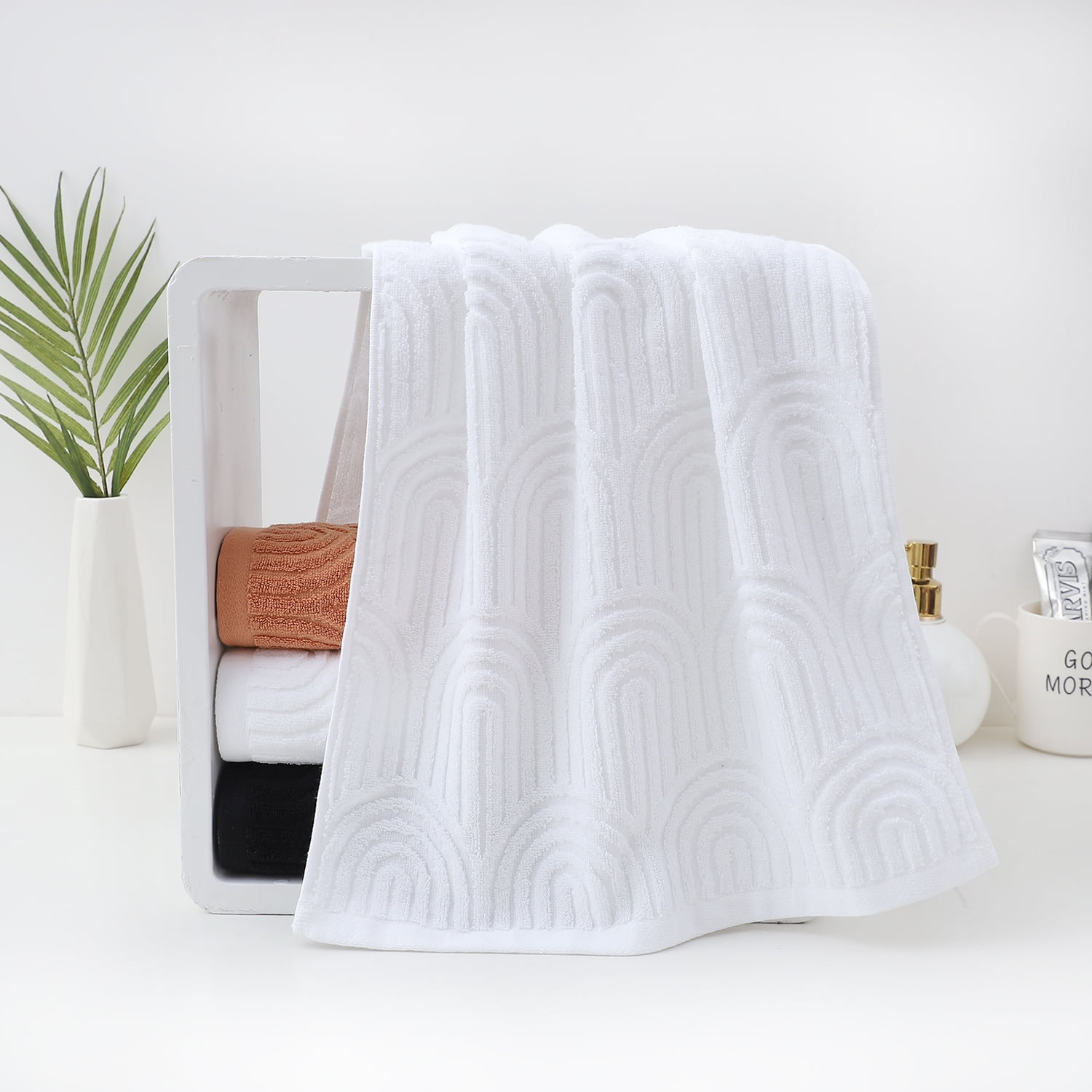 Pidada Hand Towels Set of 4 Striped Pattern 100% Cotton Absorbent Soft Decorative Towel for Bathroom (White)