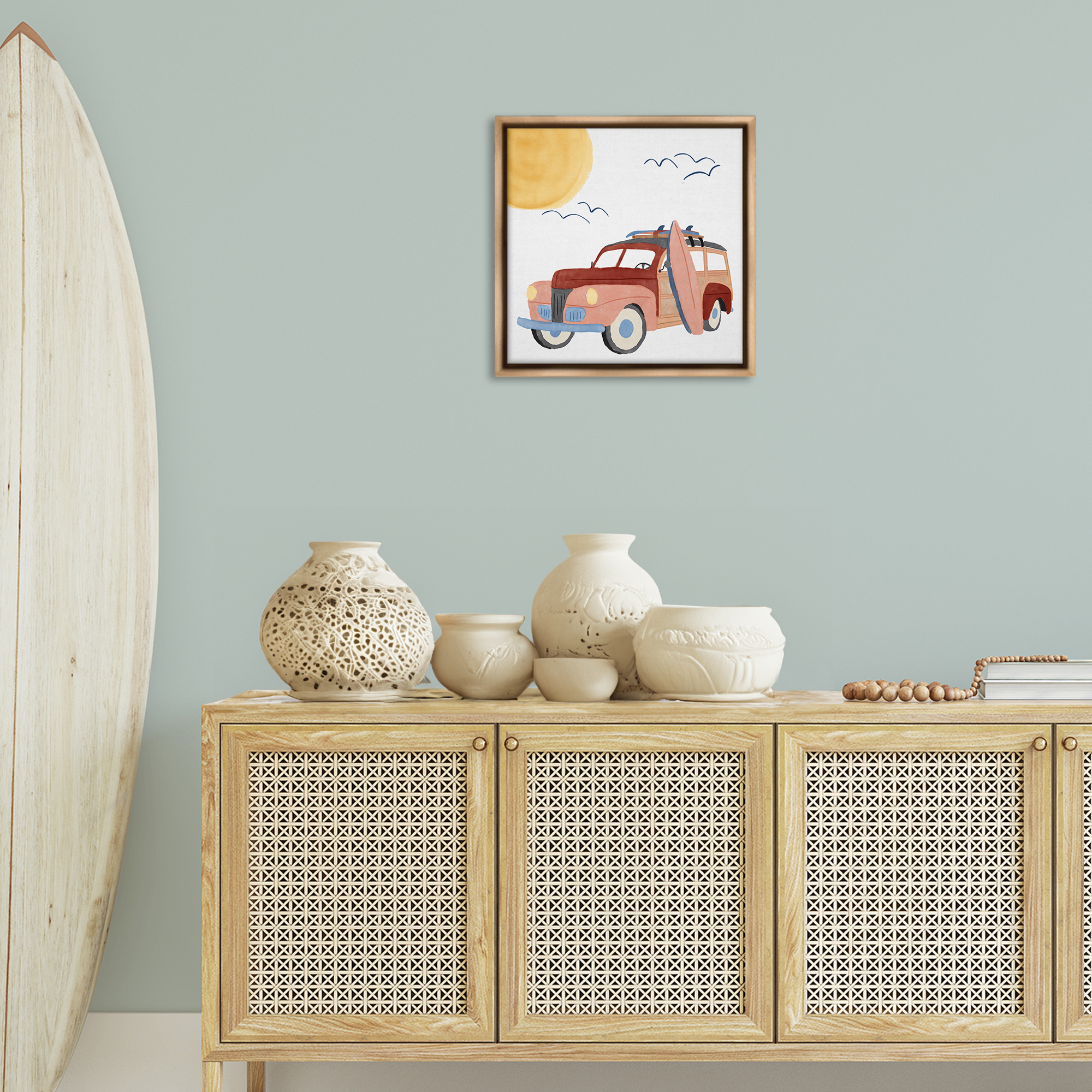 Stupell Industries Summer Surf Wagon Transportation Painting Brown Floater Framed Canvas Art Print Wall Art, 18 x 18
