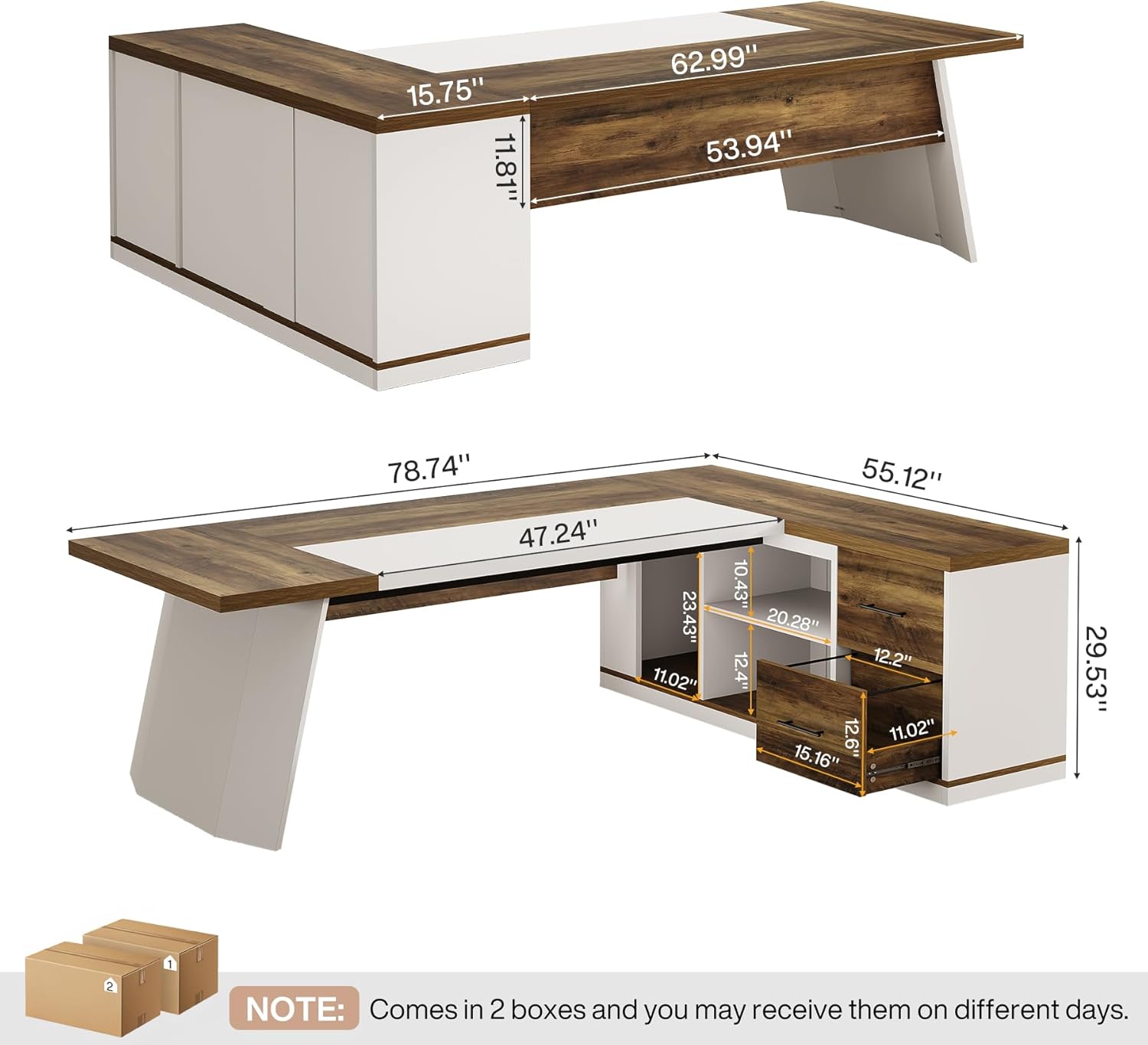 Finmind 78.7" L-Shaped Executive Desk, Modern Office Computer Desk with 55" Storage Cabinet, Drawers & Shelves, Brown & White
