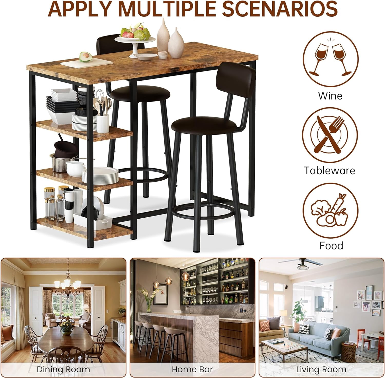 LinkRomat Dining Table Set for 2,3 Piece Pub Table and Chairs Set with Storage Shelves, Small Space Bistro Kitchen & Bar Tables, Counter Height Dining Set, Brown