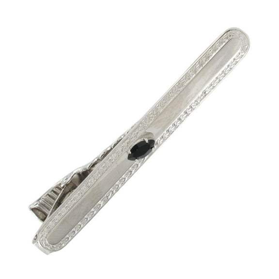 Silver Tone Retro Design Crystal Navette Black Mens Tie Clasp Clip