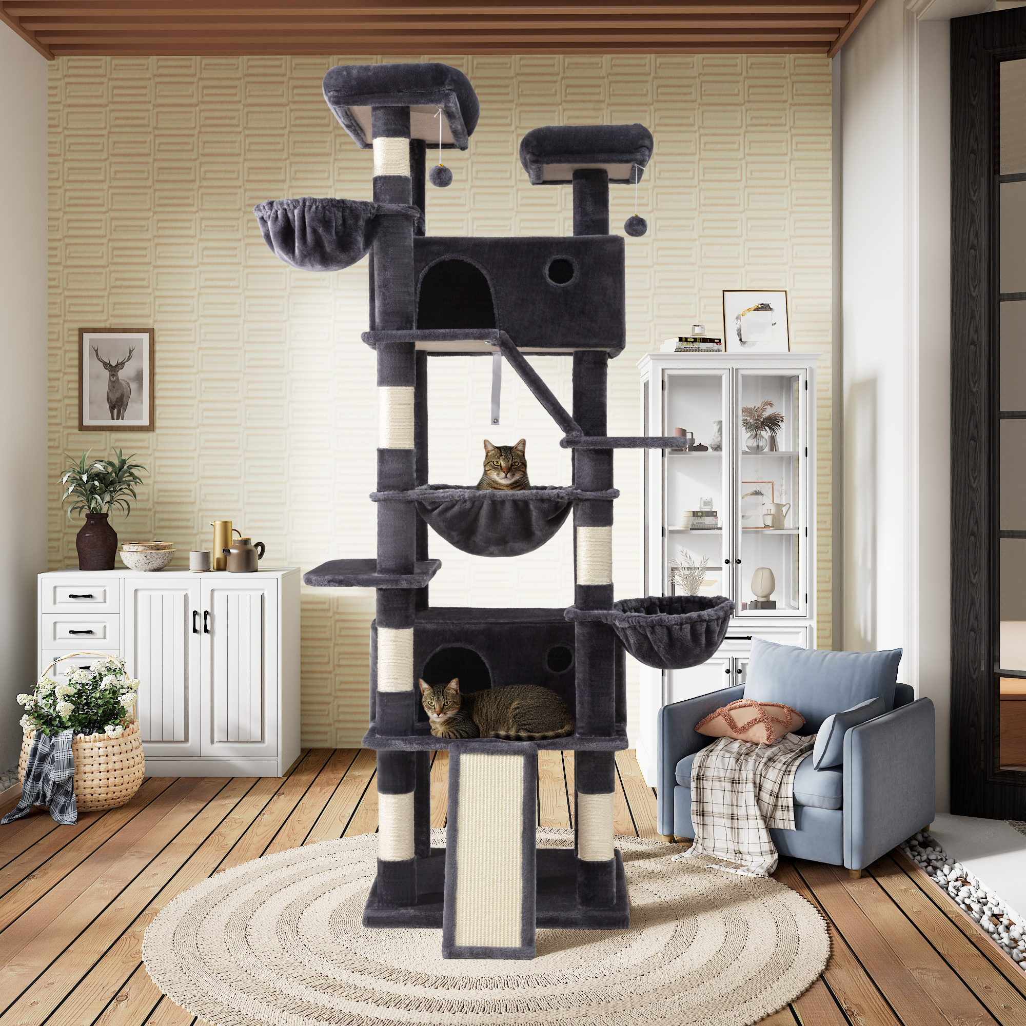 Sha Cerlin 81" Large Cat Tree Tower with Cat Condo & Hammock, Multi-Level & Sisal Scratching Post, Blue