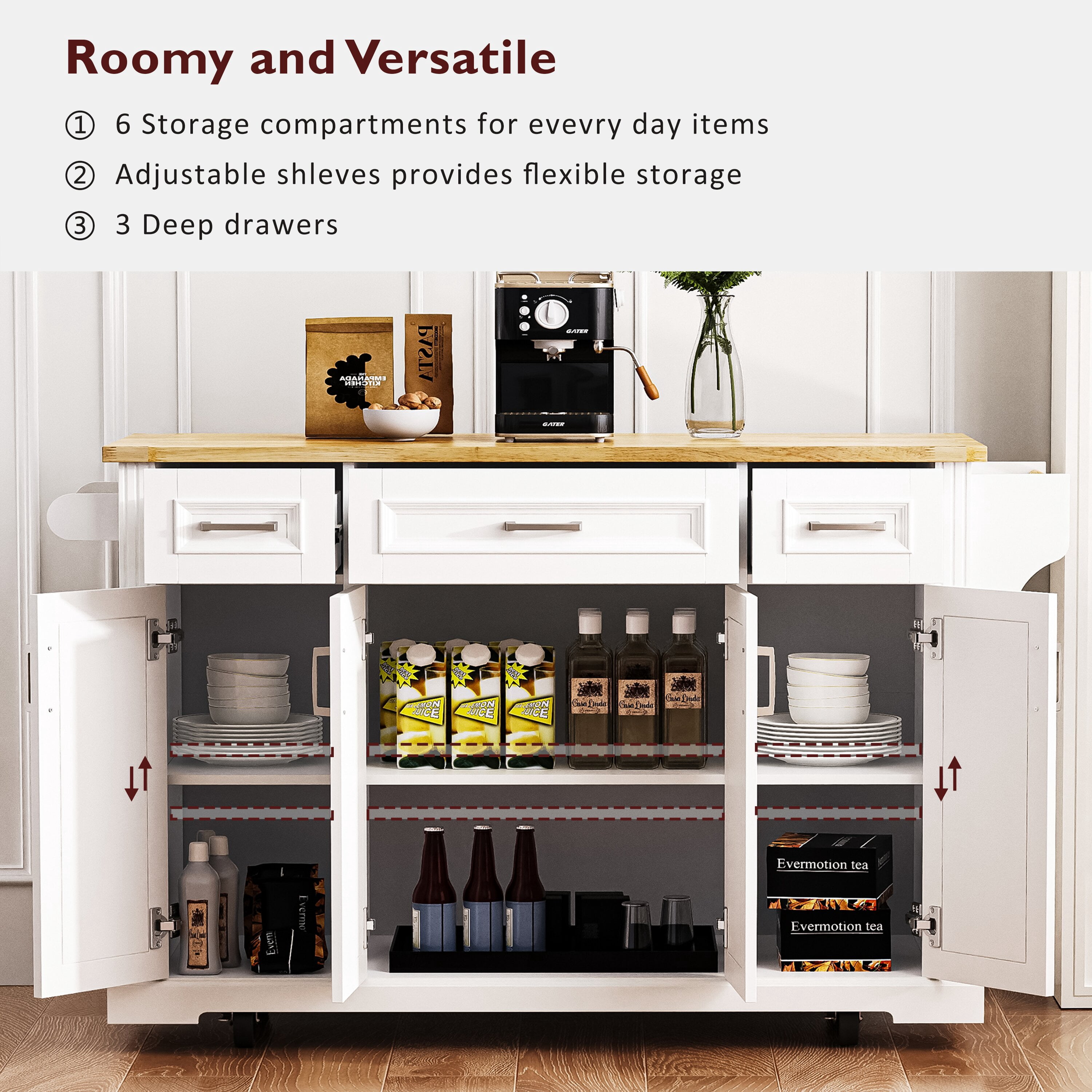 Yoneston 54" Large Kitchen Island with Drop Leaf, Rolling Kitchen Cart with Towel Rack Spice Rack and 4 Doors and 3 Drawers for Kitchen, Dining Room, White