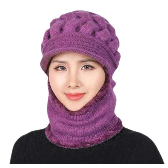 HJYCHN Women Winter Knitted Hat Integrated Scarf Cover Outdoor Cold Weather Dark Purple One Size