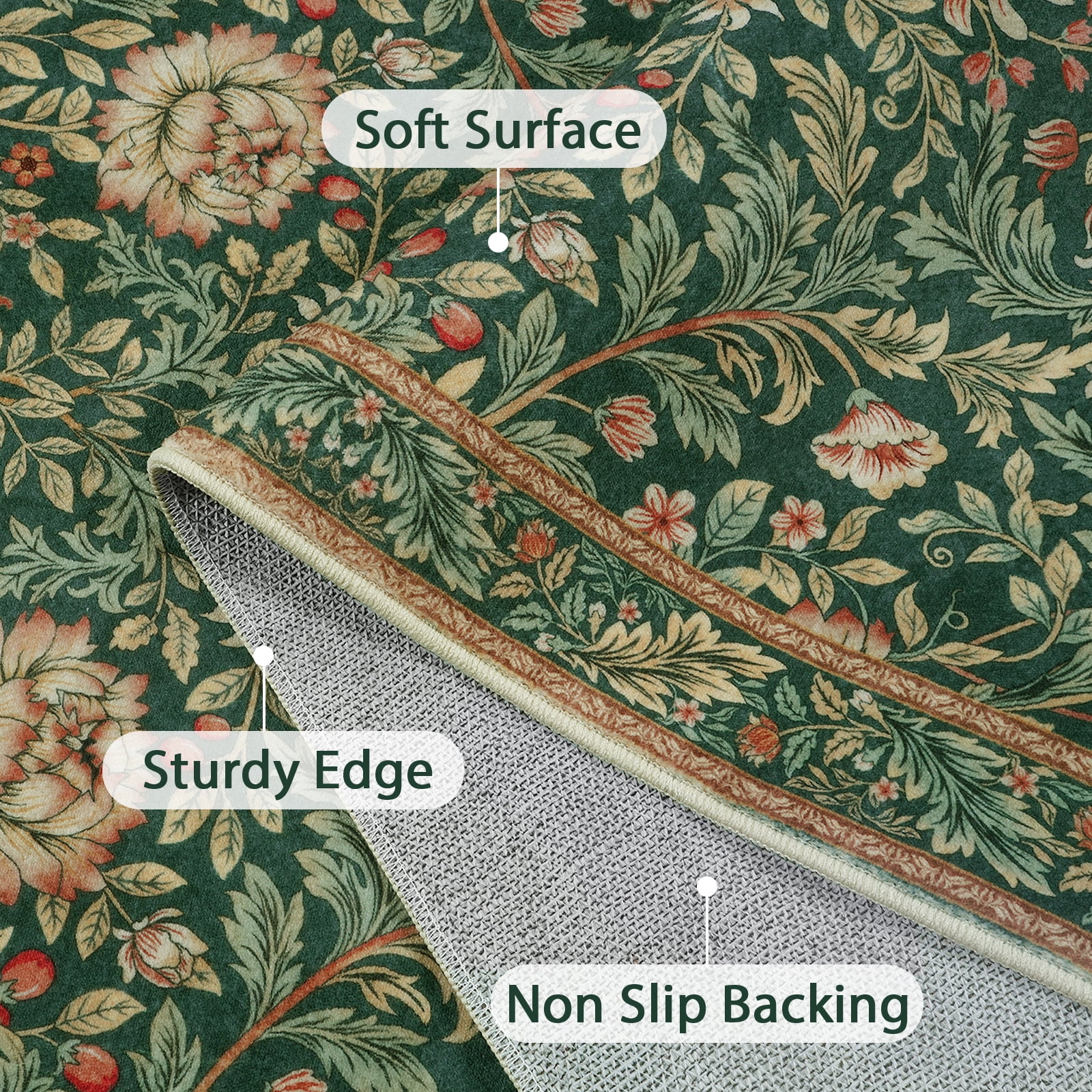 Lahome Non-Slip Washable 5x7 Area Rug, Boho Botanical Low-Pile Carpet for Living Room Dining Room Bedroom and Home Office, Ultra Thin Indoor Mat in Olive Green