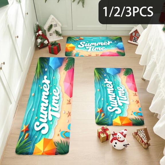 3PCS Kitchen Mat set, Welcome Door Flannel Rug,Home Decor for Front Door,Kitchen, Bathroom, Summer Time Beach Theme Design ,Great Christmas Housewarming gift for Family and Friends.