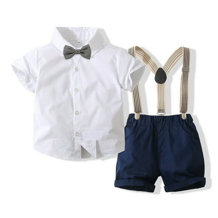 

Qudderr Toddler Baby Boys Gentleman 3PCS Outfit Kids Wedding Dress Short Sleeve Shirt+ Bowtie+ Suspender Shorts Summer Cotton Set 1-6 Years