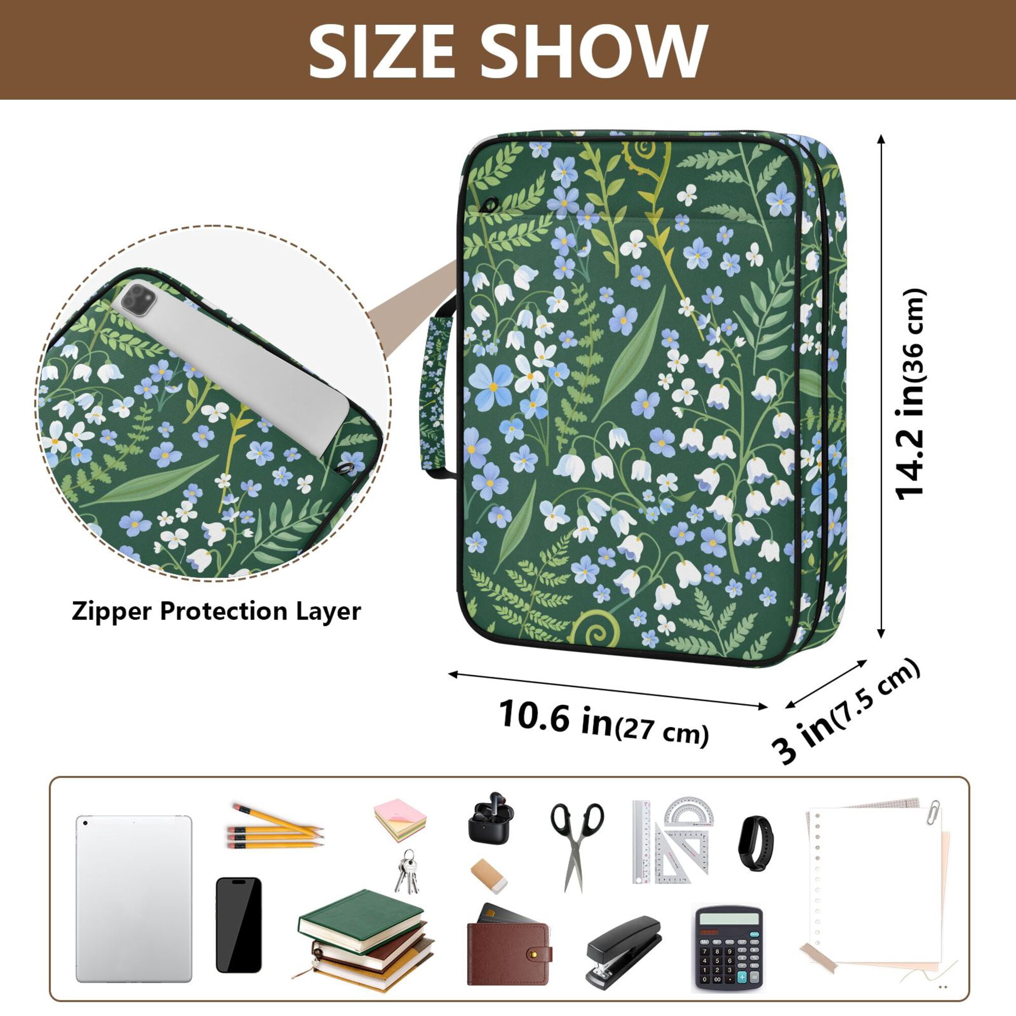 FORMRS Accordion File Folder A4 Size 7-Pocket Expanding Document Organizer Bag with 3 Ring Binder, Blue Wildflower Pattern