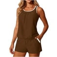 thumbnail image 5 of Costeam Womens Contrast White Trim Spaghetti Strap 2 Piece Outfit Set Loose Sleeveless Tank Top and Pull On Shorts with Side Pockets Elastic High Waist Solid Color Casual Matching Loungewear Suit, 5 of 9