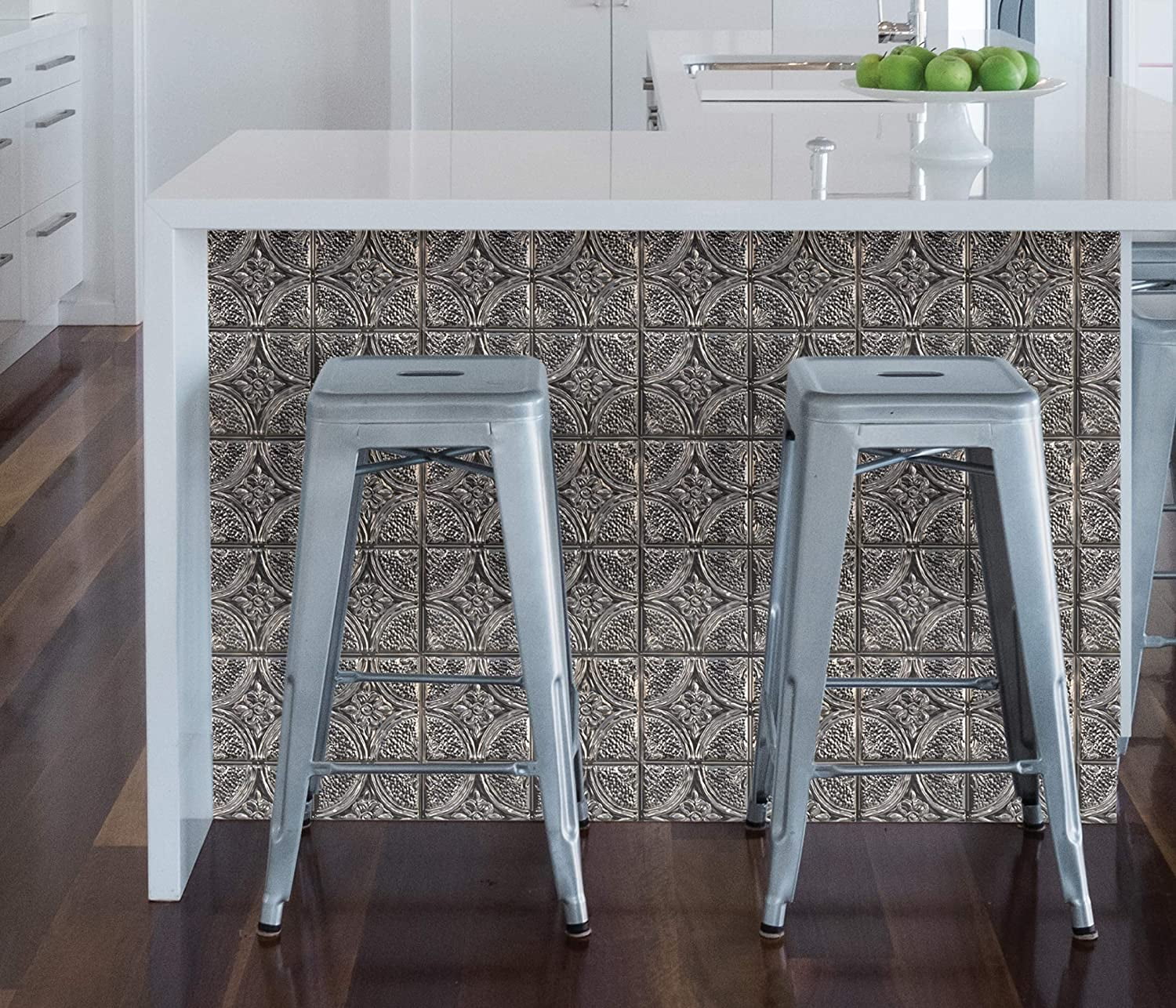 InHome Camden Antique Silver Faux Tin Peel and Stick Backsplash Tiles, Metallic, 10 inch x 10 inch, 4 Panels