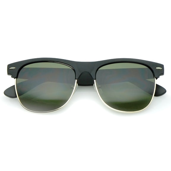 Classic Rubber Finish Half Frame Square Lens Horn Rimmed Sunglasses 55mm (Black-Gold / Green)