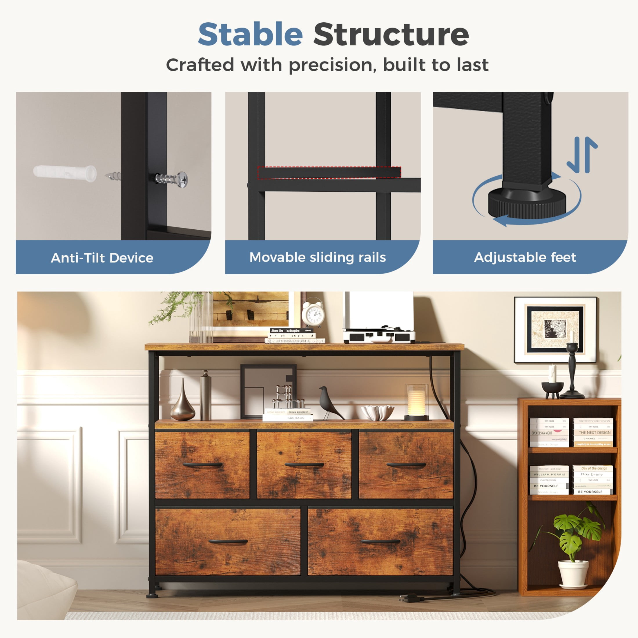 CONCETTA 39.3'' 5 Drawer Dresser with Charging Station, Fabric Storage Chest of Drawers for Bedroom, Living Room, Entryway, Rust