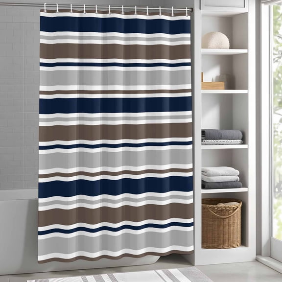 Navy Blue Stripes Shower Curtain for Bathroom, Grey Brown Classic Striped Fabric Shower Curtain Set with Hooks, Waterproof Washable Bath Curtain for Bathroom Decor, 66"x72"