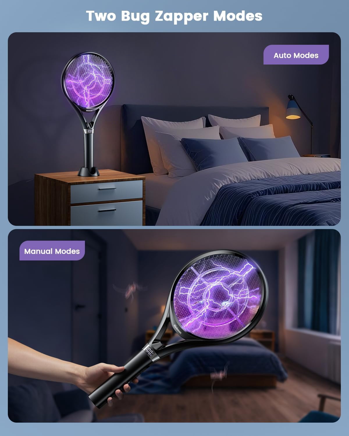 Electric Fly Swatter with LED Display, 2000mAh Rechargeable Fly Swatter Racket, 2500V Bug Zapper Racket Dual Modes, Mosquito Killer Lamp with 3 Layers Safety Mesh for Indoor Outdoor Camping