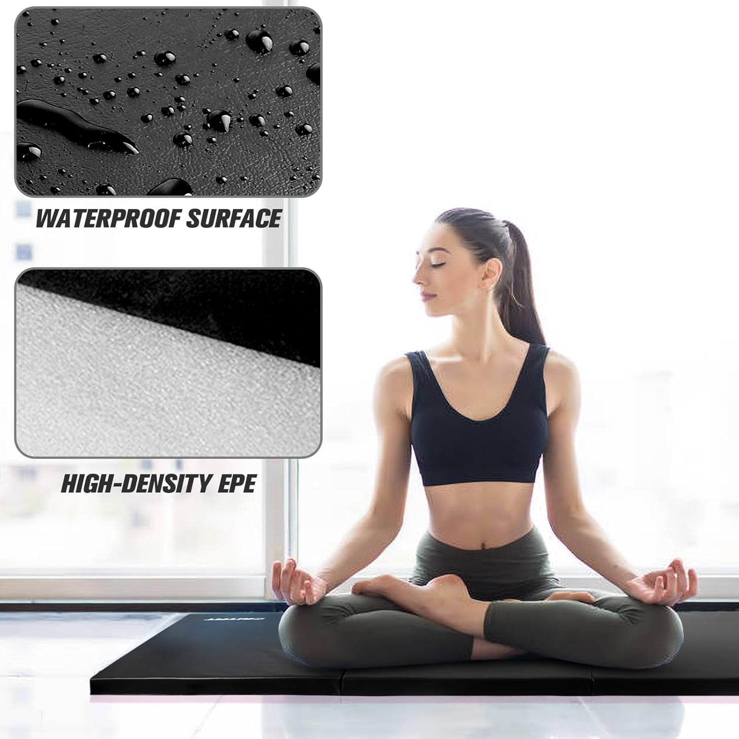 RitFit 4' x 8' Folding Gymnastics Mat with Carrying Handles for Yoga, Stretching, Core Workouts(Black)
