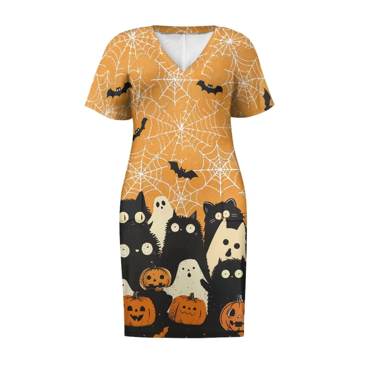 Yuyamidu Halloween Theme Short Sleeve Women Dresses Pumpkin Formal Special  Occession Dress Plus Size XL Ghost Ladies Summer Fall V Neck Midi Dresses,  Orange - Walmart.com
